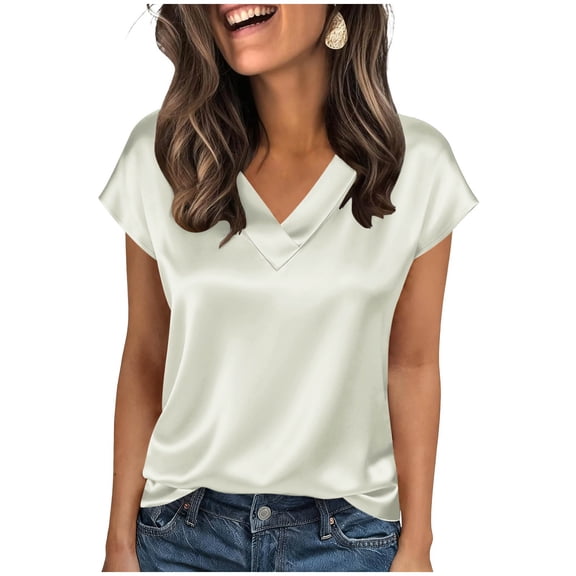 Women Satin T-Shirt Tops Short Sleeve Dressy Casual Blouse V Neck Elegant Business Shirts White L