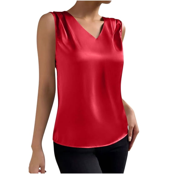 Women Satin Tank Tops Dressy V Neck Camisole Blouse Casual Sleeveless Cami Summer Business Work Shirts Tanks Shirt Red,Size M