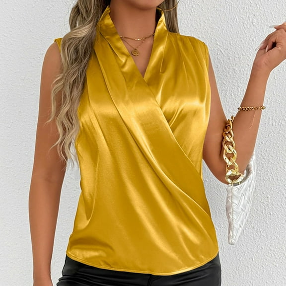 Women Satin Tank Tops Soft Comfy Summer Pleated Pullover Crew-Neck Fashion Sleeveless Elegant Party Vacation Blouse Lightweight Trendy Casual Solid Color Tops