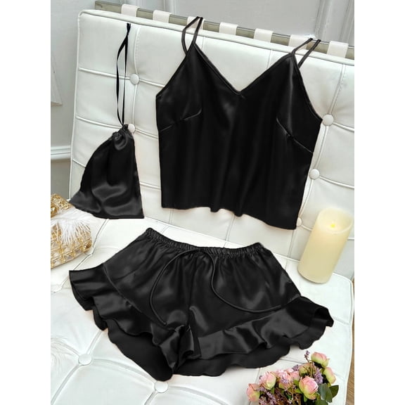 Women Satin Two-Piece Pajama Set Cami Top & Rufle Hem Shorts PJ Set Black L