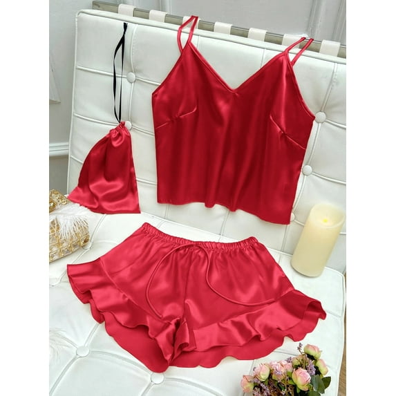 Women Satin Two-Piece Pajama Set Cami Top & Rufle Hem Shorts PJ Set Red XL