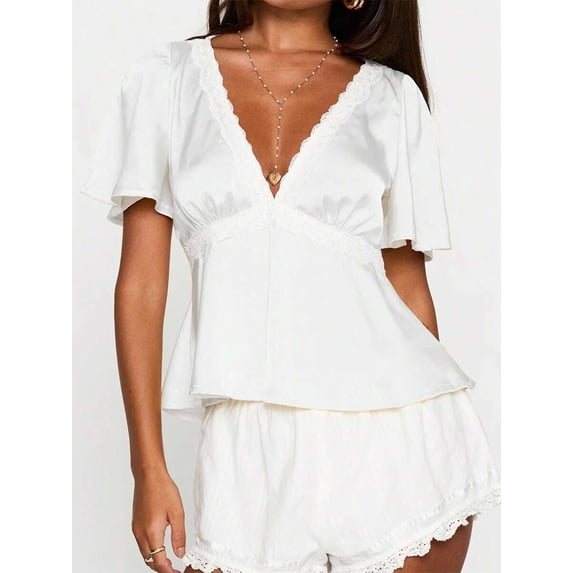 Women Satin V‑Neck Peplum Blouse, Lace‑Patchwork Short‑Sleeve Summer Casual Tops