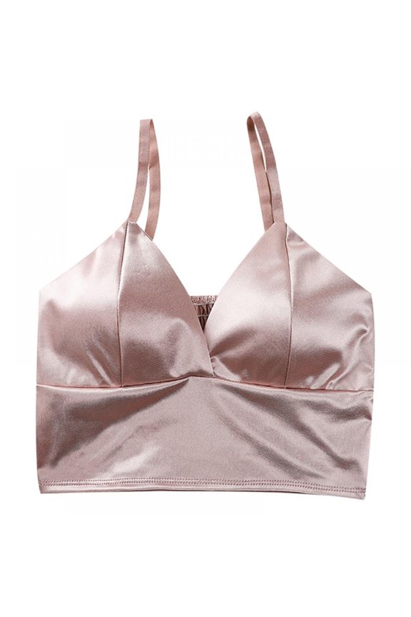 Women Satin V-neck Longline Bralette, Triangle V-neck Deep Slings Underwear Wireless Bra Croptops for Teens