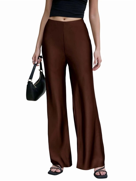 Women Satin Wide Leg Pants Hidden Elasticized Waistband Silk Casual Long Flowy Loose Trousers Chocolate Color S