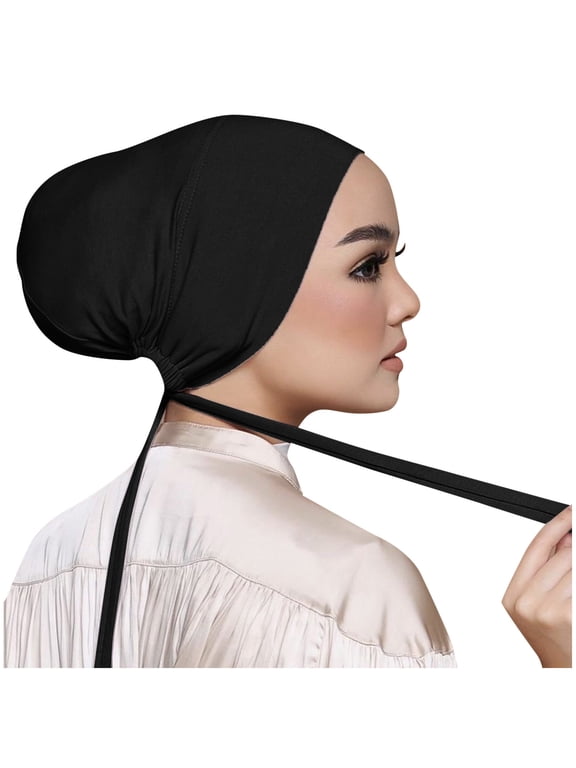 Women Under Scarf Hat Bandanas Hijab Undercap Islamic Muslim Under Scarf Hijab Cap with Tie-Back Closure Chemo Headscarf for Women Hair Loss - Cancer Slip On Headwear,Black