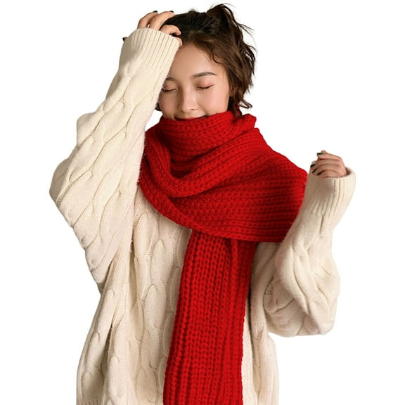 Women Scarf Knitted Solid Color Plain Thickened Soft Keep Warm Comfortable Autumn Winter Adults Long Scarf Shawl for Outdoor,Red