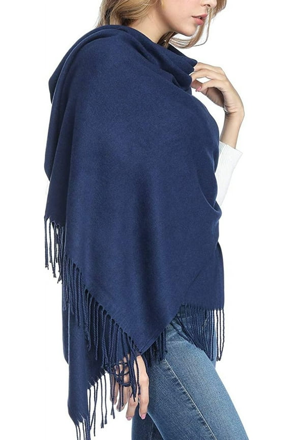 Women Scarf Pashmina Shawls and Wraps for Evening Dresses, Winter Fashion Soft Warm Long Large Scarves, Lightweight Silk Solid Colors Capes for Ladies Navy