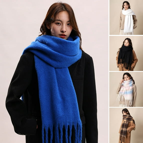Women Scarf Solid Color Tassel Hem Long Scarf French Style Soft Imitation Mohair Fabric Winter Shawl Scarf