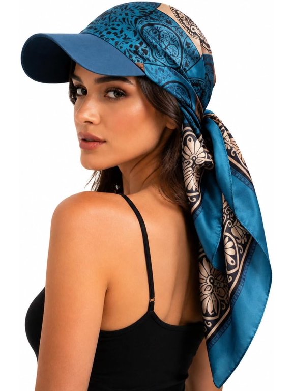 Women Scarf Visor Hat, Satin Sun Visor with Head Scarf | Scarf Accent Visor Hat | Satin-Like Fabric | Lightweight Summer Sun Cap | Beach Vacation Accessory | One Piece Design