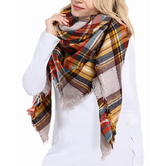 Women Scarf Winter Thick Plaid Blanket Warm Super Soft Luxurious Feel Knit Large Plaid Scarf for Womens Oversized Wrap and Shawl