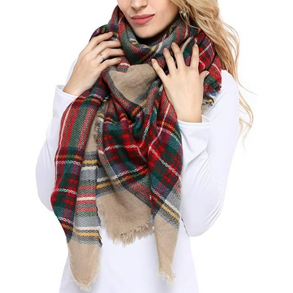 Women Scarf Winter Thick Plaid Blanket Warm Super Soft Luxurious Feel Knit Large Plaid Scarf for Womens Oversized Wrap and Shawl