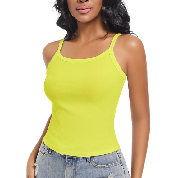 Women Scoop Neck Spaghetti Strap Ribbed Tank Tops Basic Slim Fitted Camisole Sleeveless Layering Shirts