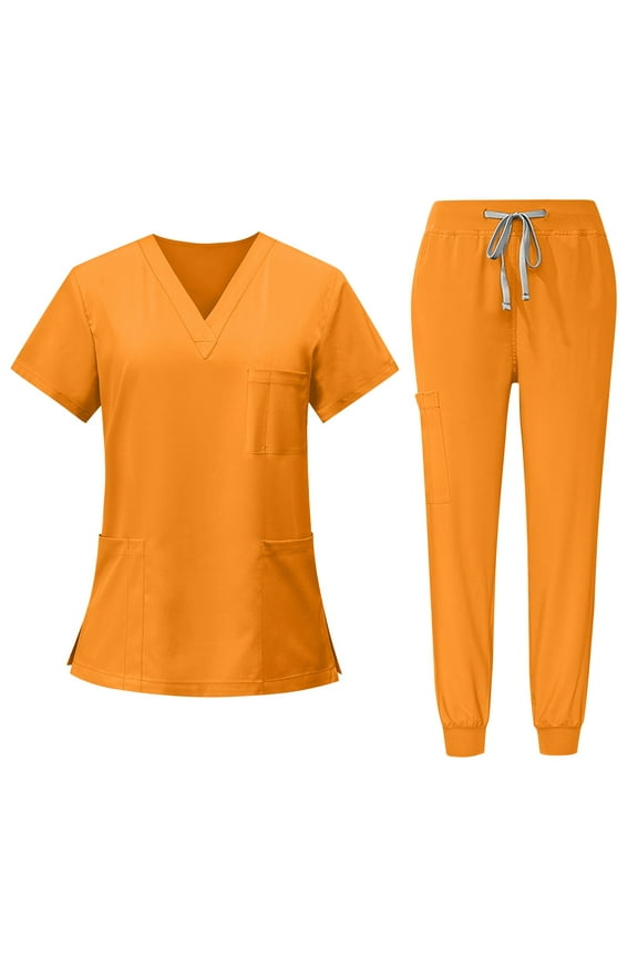 Women Scrub Sets 2 Pieces Comfortable V-Neck Scrub Top & Jogger Pant Stretch Nursing Workwear Quick Dry Uniform Suits with Pockets Orange S