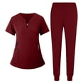 thumbnail image 1 of Women Scrub Sets 2 Pieces Comfortable V-Neck Scrub Top and Jogger Pants Stretch Nursing Scrubs Set Quick Dry Medical Uniform Suits with Multi Pocket for Doctors, Nurses Wine 2XL, 1 of 4