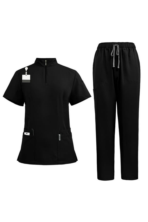 Women Scrub Sets 2 Pieces Solid Hand Wash Short Sleeve Top and Long Pants Nurse's Outfit Set with Pocket