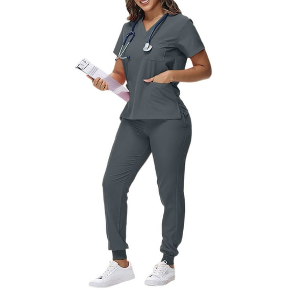 Women Scrub Sets,Scrubs Set for Women Nurse Uniform V-Neck Top and Drawstring Jogger Pants with Multi Pocket Nurse Workwear - Gray - S