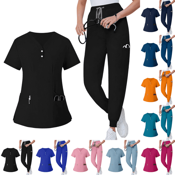 Women Scrub Sets Solid Medical Scrub Top and Pants Black L