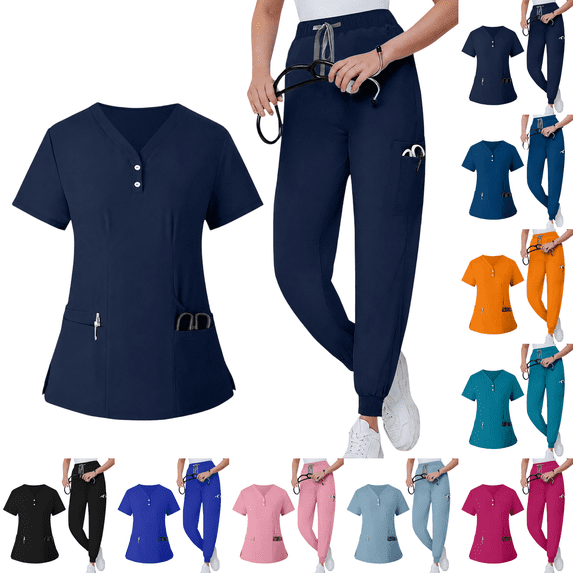 Women Scrub Sets Solid Medical Scrub Top and Pants Dark Blue L