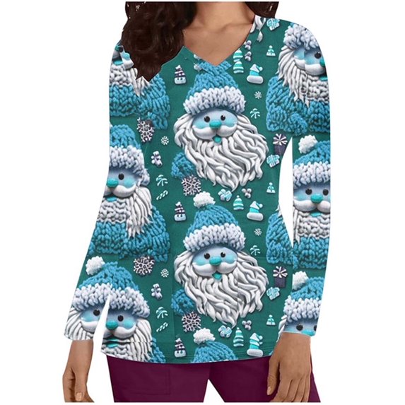 Women Scrub Top Santa Claus Print V-Neck Shirt, Christmas Holiday Working Uniforms for Nurse, L