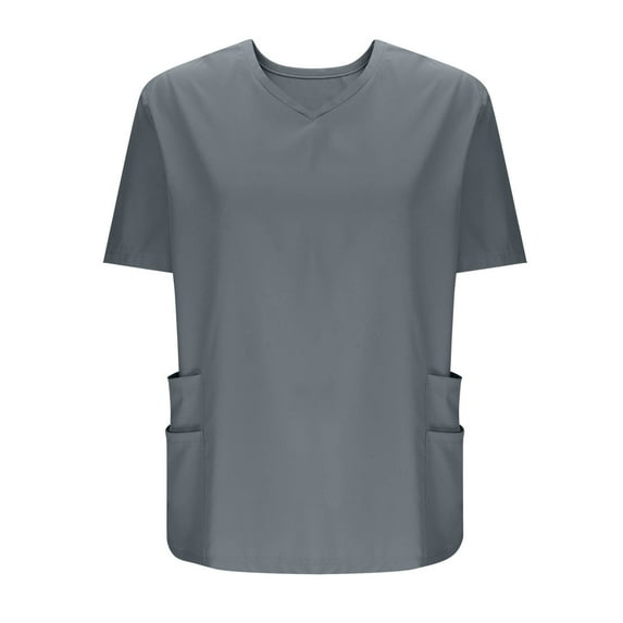 Women Scrub Tops Stretch Solid Color T-Shirt Blouse Tee with Pockets Ladies Tops Loose Gray M