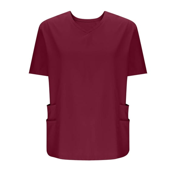 Women Scrub Tops Stretch Solid Color T-Shirt Blouse Tee with Pockets Plus Size Tops for Lady Tunics Wine XXL