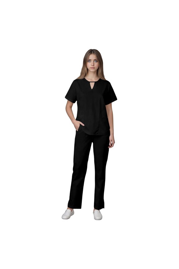 Women Scrubs Set Crew-Neck Stretch Tops with Pockets & Cargo Pants Jogger Nurse Work Uniform Quick Drying Black S