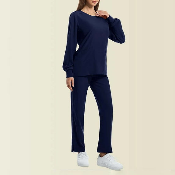 Women Scrubs Set Plus Size Crew Neck Long Sleeve Tops And Long Scrub Pant Solid Color Medical Uniform Scrub Set Navy S-2xL