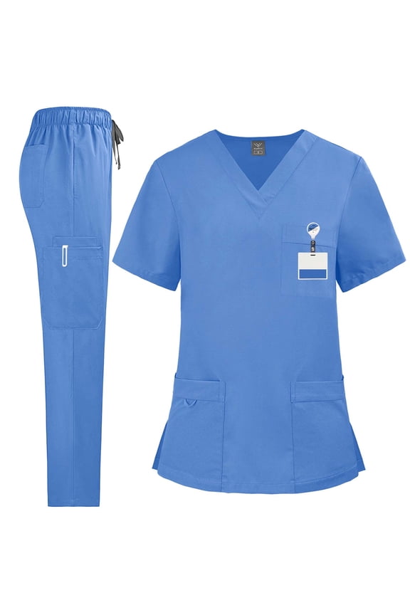 Women Scrubs Set Short Sleeve V-Neck Scrub Top Drawstring Scrub Pants Stretch Nursing Uniform Scrub Sets with Pockets