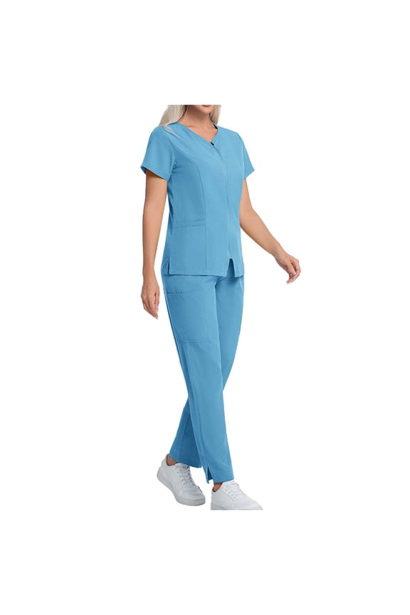 Women Scrubs Set Solid Color Loose Work Outfits Zipper Short Sleeve V-Neck Blouses Stretchy Pants Nursing Uniform Sets Blue M
