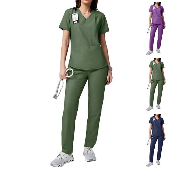 Women Scrubs Set Stretch Soft V-Neck Top with Straight Leg Scrub Pants with Pockets