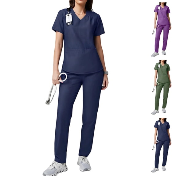 Women Scrubs Set Stretch Soft V-Neck Top with Straight Leg Scrub Pants with Pockets