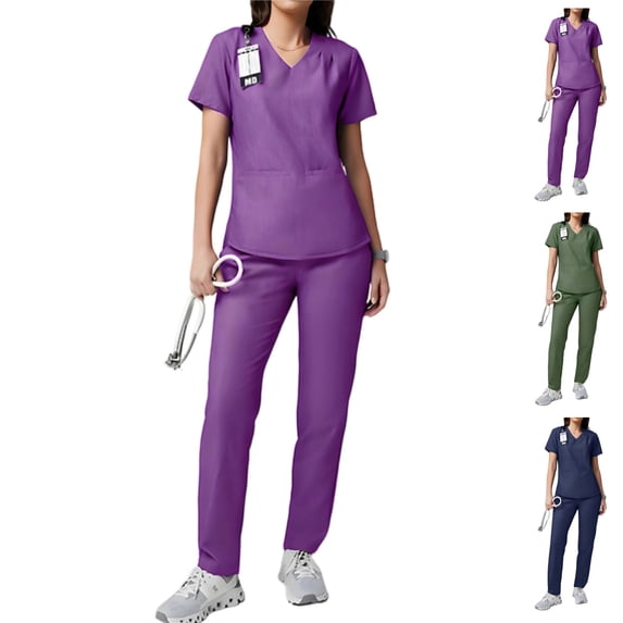 Women Scrubs Set Stretch Soft V-Neck Top with Straight Leg Scrub Pants with Pockets