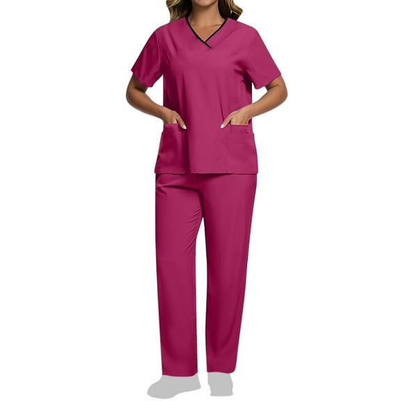 Women Scrubs Set Uniform Short Sleeve V-Neck Top Elastic Waist Straight Leg Pants Summer Scrubs Top and Pants Workwear with Pockets