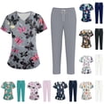 thumbnail image 1 of Women Scrubs Set V Neck Short Sleeve Floral Medical Scrub Tops & Jogger Wide Leg Solid Pants, XL, 1 of 7