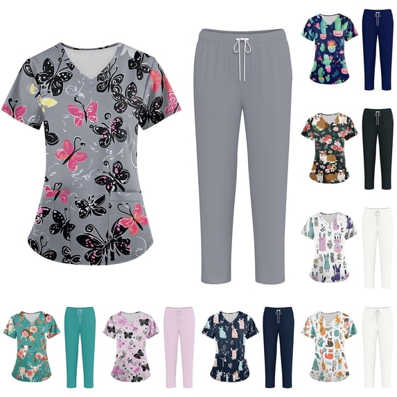 Women Scrubs Set V Neck Short Sleeve Floral Scrubs Top & Jogger Wide Leg Solid Pants, 3XL