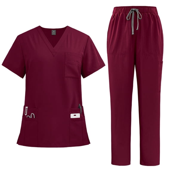 Women Scrubs Set V Neck Short Sleeve Top and Wide Leg Pants 6 Pocket Solid Color Nursing Clothes Work Uniform, Wine S
