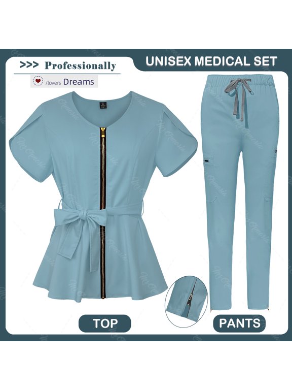 Women Scrubs Set, Zipper Collar Clothes Medical Uniforms Nurse Workwear Nurse Waiter Role