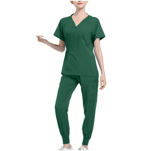 Women Scrubs Sets 2 Piece Outfits Short Sleeve V Neck Nursing Tops Medical Scrubs Wide Leg Scrubs Joggers Work Pants High Waisted Scrub Pants, Army Green M
