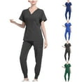 thumbnail image 1 of Women Scrubs Sets 2 Piece Outfits Short Sleeve V Neck Nursing Tops Medical Scrubs Wide Leg Scrubs Joggers Work Pants High Waisted Scrub Pants, Black S, 1 of 4