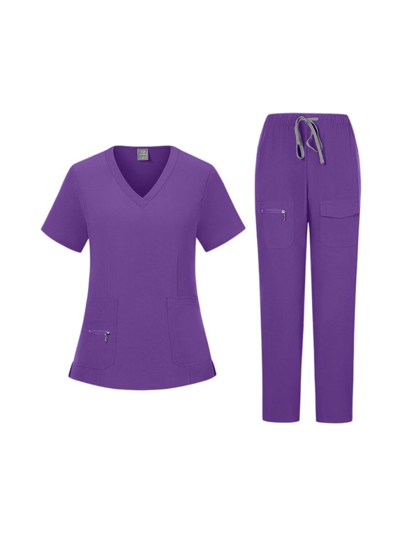 Women Scrubs Sets Comfortable V-Neck Scrub Top and Drawstring Jogger Pants Quick Dry Nursing Scrubs Set Stretch Medical Working Uniforms with Pockets Dark Purple XL