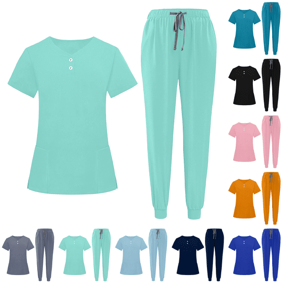 Women Scrubs Sets Jogger Medical Nurse Uniforms Stretch Petite Yoga Polyester Short Sleeve Scrub Shirt Wide Leg Uncuffed Scrub Pant Green M
