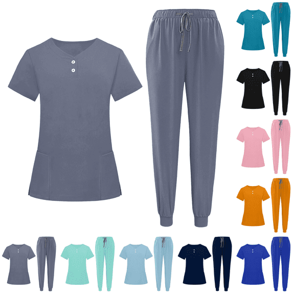 Women Scrubs Sets Jogger Medical Nurse Uniforms Stretch Petite Yoga Polyester Short Sleeve Scrub Shirt Wide Leg Uncuffed Scrub Pant Grey S