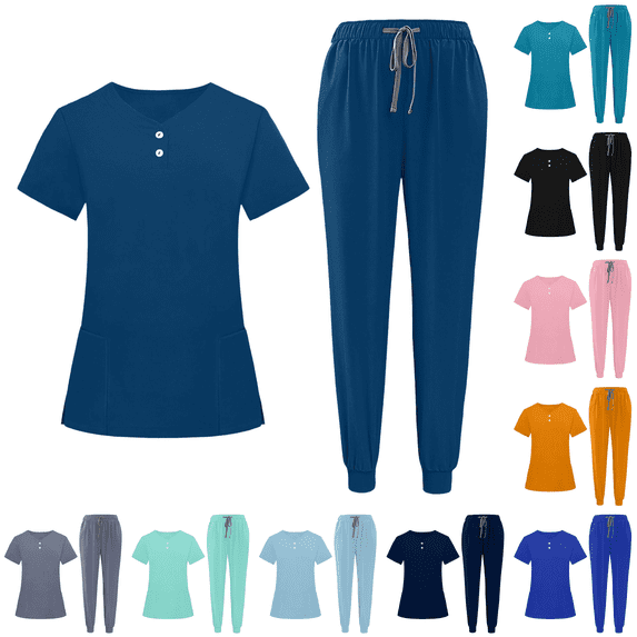 Women Scrubs Sets Jogger Medical Nurse Uniforms Stretch Petite Yoga Polyester Short Sleeve Scrub Shirt Wide Leg Uncuffed Scrub Pant Royal Blue L