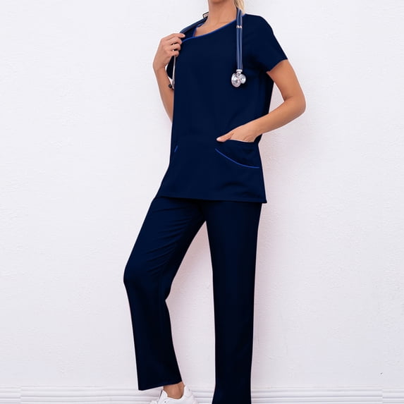 Women Scrubs Sets,Medical Scrub Set V Neck Short Sleeve Top with 3 Pockets Elastic Cuff Pants Moisture Wicking Healthcare Uniform - Navy - XL