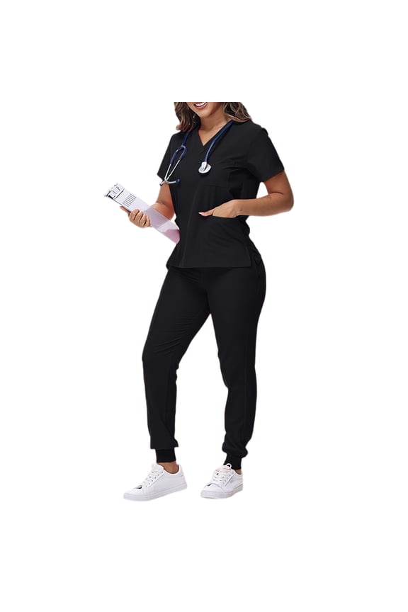 Women Scrubs Sets,Scrubs Set for Women Nurse Uniform V-Neck Top and Drawstring Jogger Pants with Multi Pocket Nurse Workwear - Black - XXL