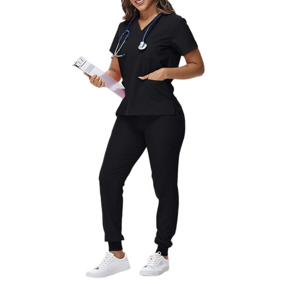 Women Scrubs Sets,Scrubs Set for Women Nurse Uniform V-Neck Top and Drawstring Jogger Pants with Multi Pocket Nurse Workwear - Black - XXL