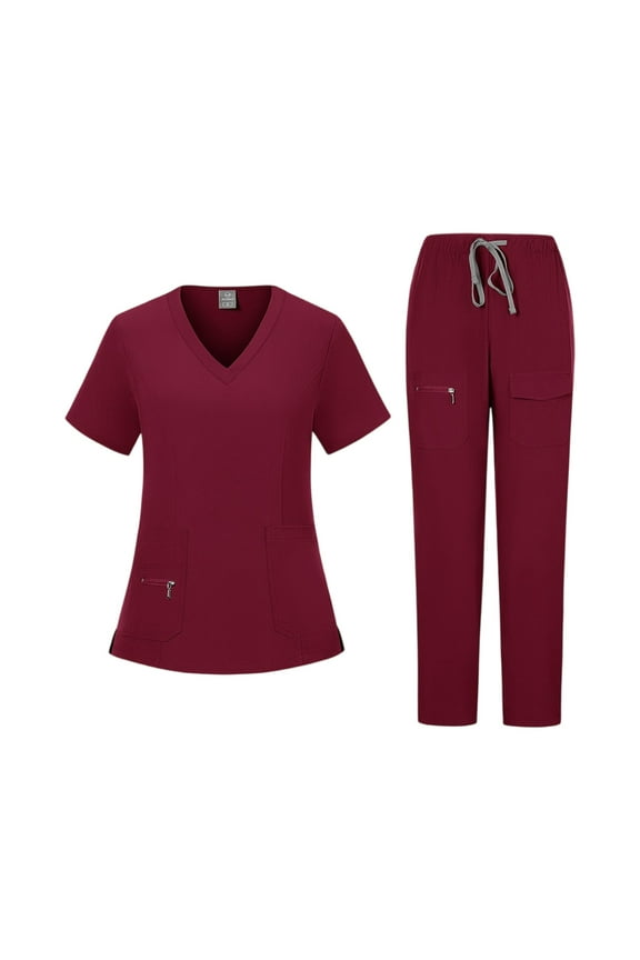 Women Scrubs Sets Spring Summer V-Neck Scrub Top & Drawstring Jogger Pant Quick Dry Nursing Workwear Stretch Uniform Suits with Pockets Wine XL