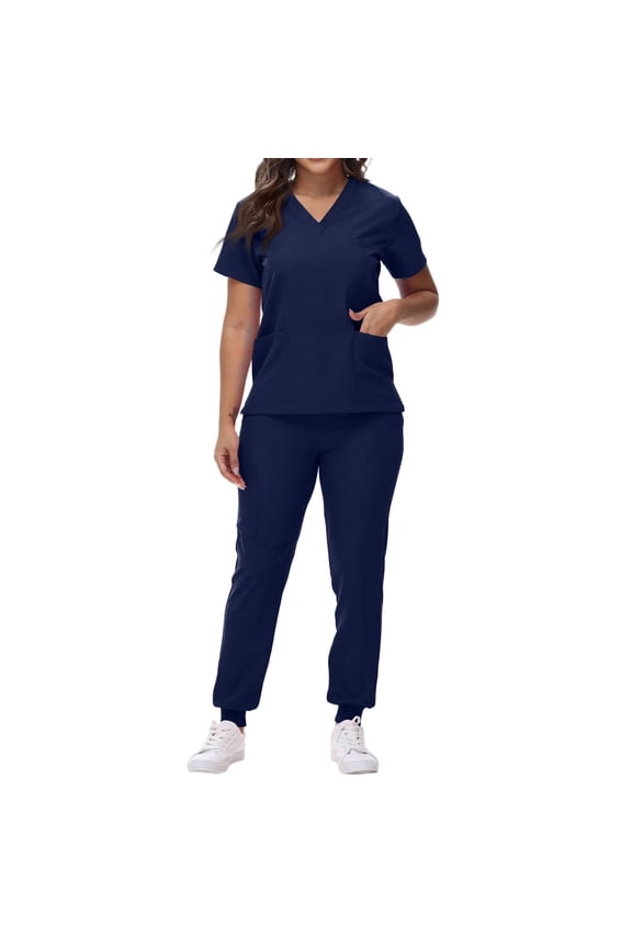 Women Scrubs Sets Spring Summer V-Neck Scrub Top & Jogger Pant Stretch Nursing Scrubs Set Quick Dry Working Uniforms with Pockets Navy S