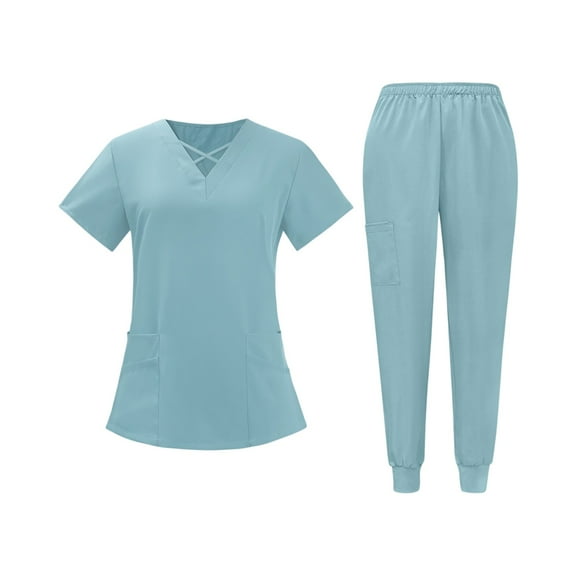 Women Scrubs Sets Spring Summer V-Neck Scrub Top and Jogger Pants Quick Dry Nursing Workwear Stretch Medical Uniform with Pockets Light Blue M