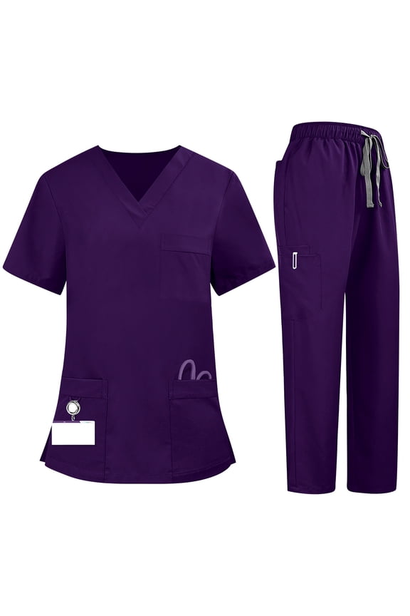 Women Scrubs Sets Stretch Tops with Pockets & Cargo Pants Jogger Nurse Work Uniform Quick Drying